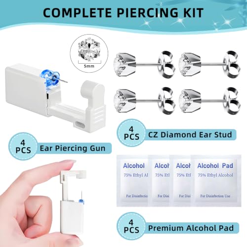 Nunpag Silver Disposable Ear Piercing Kit with 4 Cubic Zirconia Studs & Gun Set