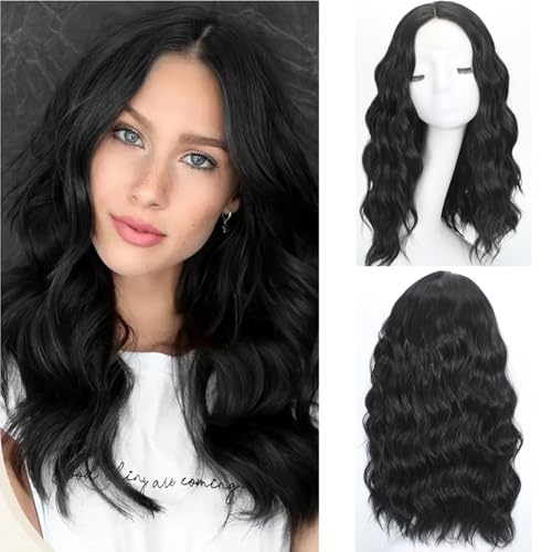 Black Wavy Wig for Women - 18 Inch Medium Length Synthetic Hair