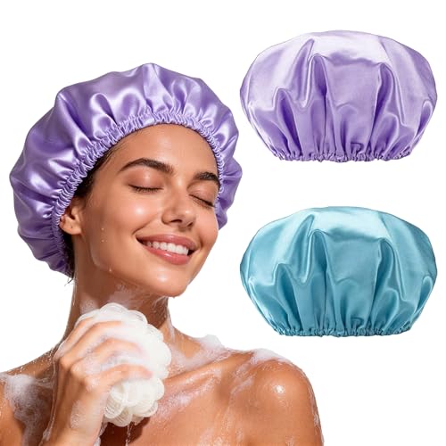 Reusable Waterproof Shower Caps for Women - 2 Pack, Double Layer