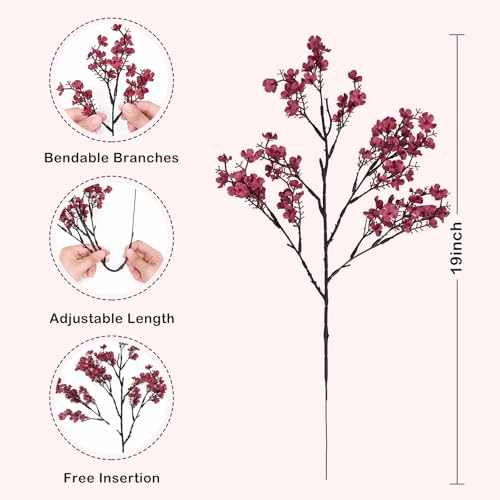 6 Real Touch Silk Baby's Breath Flowers - Wine Red Fall Stems