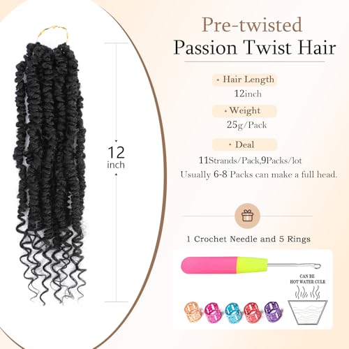 12 Inch Passion Twist Crochet Hair 9 Pack 1B# - Pre-Twisted & Soft Braids