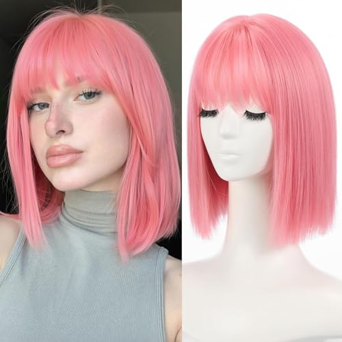 Allbell Pink Bob Wig for Women - 12 Inch, Heat Resistant, Short Bangs