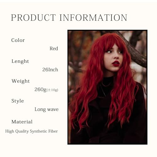 28-Inch Red Curly Wig with Bangs - Heat-Resistant Synthetic Hair for Cosplay & Daily Wear