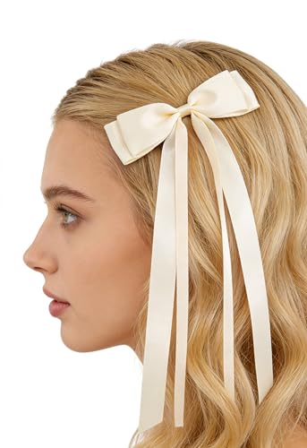 SINNKY 4 Pack Hair Bows for Women Girls - Black & Beige Ribbon Hair Clips