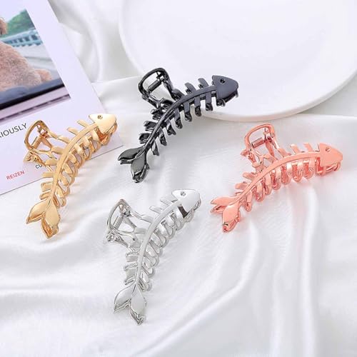 KuuGuu Fish Bone Hair Claw Clips 4-Pack Large Metal Non-Slip Hair Accessories