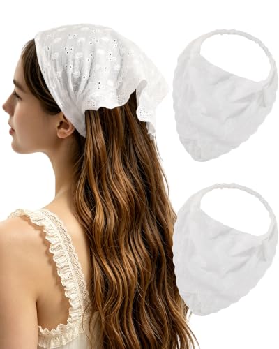 CHLINS Lace Head Scarf Bandana Headband Set - White Cotton (2PCS)