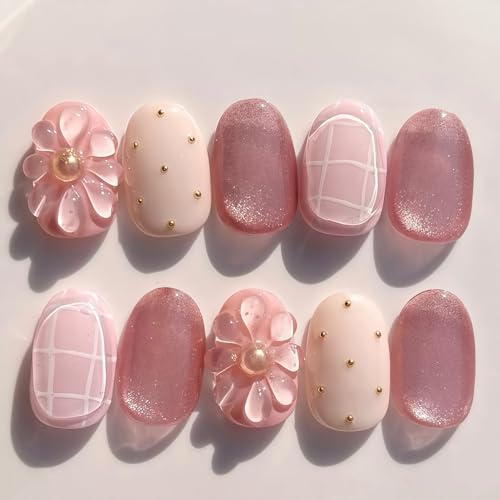 WFBBKP Flower Fake Nails - 30Pcs Short Almond 3D Flower Design with Gold Rhinestones, Pink Glitter, Full Cover, DIY Manicure (Variation 9)
