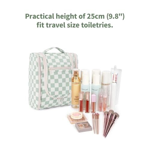 Narwey Hanging Travel Toiletry Bag for Women, Travel Bag for Toiletries, Checkered Makeup Bag Organizer, Cosmetic Make Up Bags for Travel Size Essentials, Skincare, Brushes (Mint Green Checkerboard)