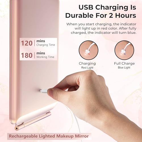Beltruci Rose Gold Rechargeable Folding Vanity Mirror with 72 LED Lights & 3 Color Modes