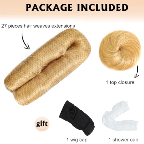 28 Pieces Premium Human Hair Weave Extensions with Closure - 27#