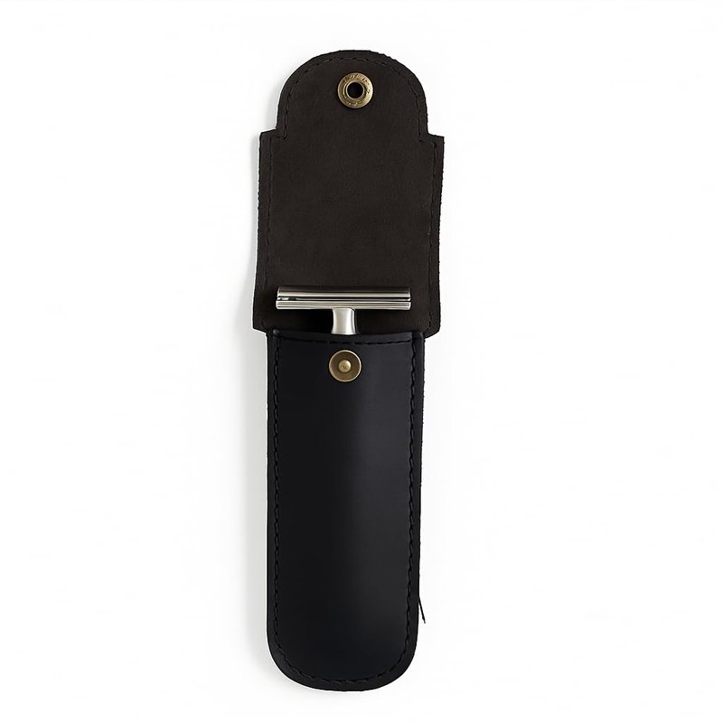 PavinCrafter Full Grain Leather Razor Cover | Double Edge Razor Case | Handmade Safety Razor Protector Sheath for Travel & Storage | Barber Shaving Accessory for Men (Black)