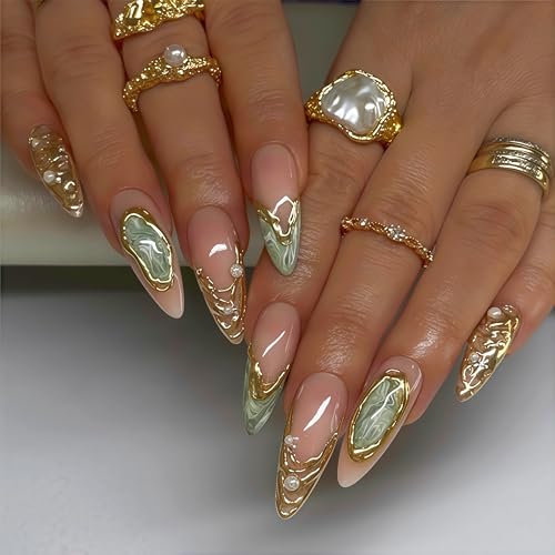24 Pcs Green Marble Press On Nails - Almond Shape with Gold Glitter