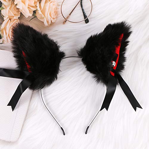 Evermarket Faux Furry Cat Ears Hair Clip with Bell - Cosplay Headband, Black-Inner Red