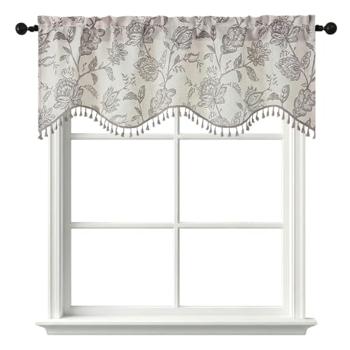 Farmhouse Scalloped Valance - Floral Faux Linen Window Curtain 52x18