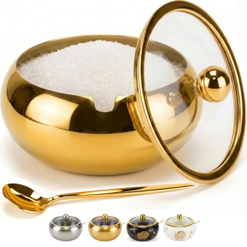 15oz Stainless Steel Sugar Bowl with Glass Lid & Spoon - Gold