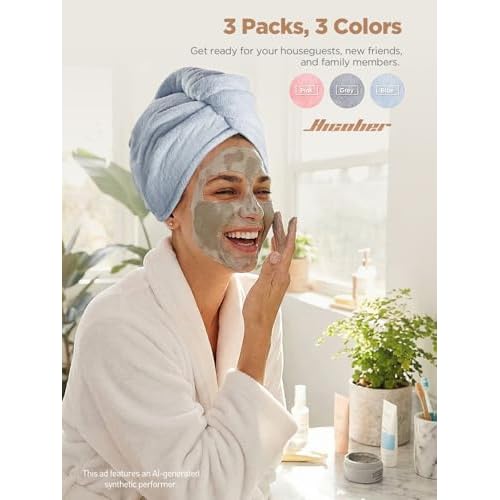 Hicober Microfiber Hair Towel Wrap, Fast Drying Hair Towels for Women, Soft Lightweight Quick Dry Turban for Curly & Long Hair?3 Pack(Blue/Grey/Pink)