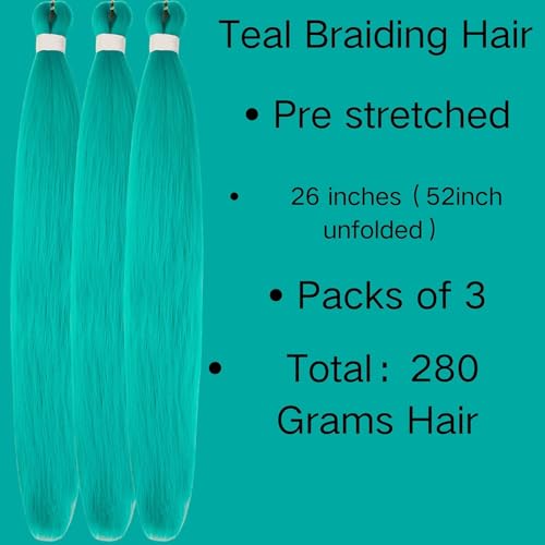 Teal Pre-Stretched Braiding Hair Extensions - 26 Inch, Pack of 3