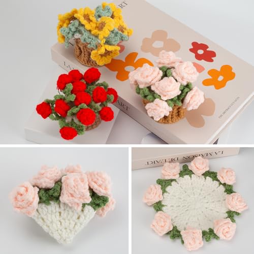 Handmade Crochet Pink Rose Coasters - Decorative Flower Design