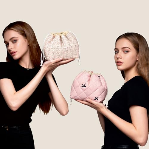 Large Floral Canvas Makeup Bag with Drawstring - Travel Cosmetic Organizer for Women & Girls