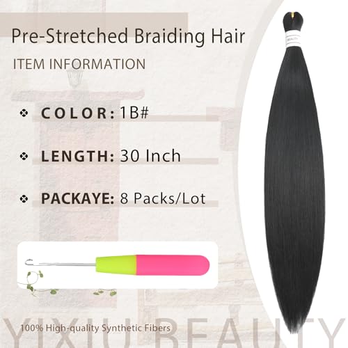YEXIU 1B 30 Inch Pre-Stretched Yaki Straight Braiding Hair Pack of 8