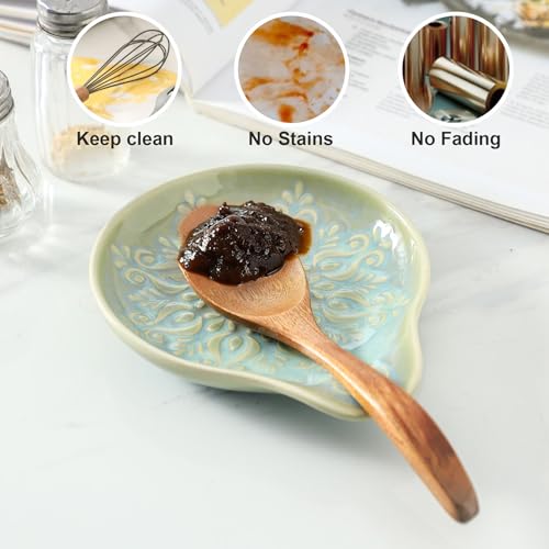 Farmhouse Ceramic Spoon Rest Holder for Kitchen Countertop - Green