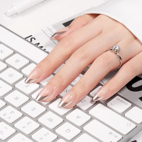 VSALON Almond Short Press on Nails, Silver Chrome French Tip Kit