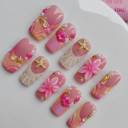 Gleamrain Handmade Mermaid Press on Nails, Medium Square Acrylic Manicure