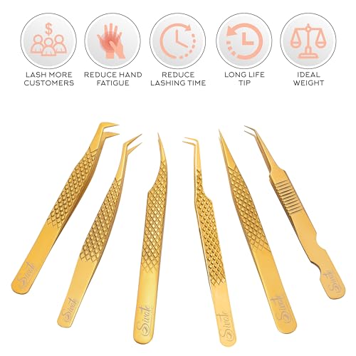 SIVOTE Gold Eyelash Extension Tweezers Set - 6 Professional Fiber Tip Tools