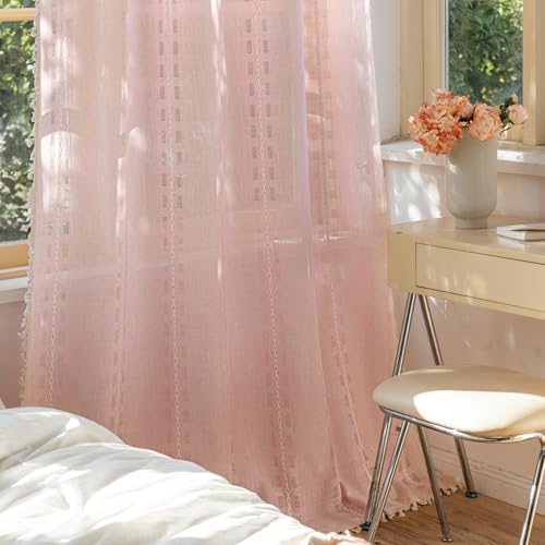 Sutuo Home Pink Boho Curtains 84" Long with Tassels - Light Filtering Drape for Bedroom & Living Room