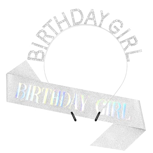 TAROSE Silver Birthday Tiara and Sash Set for Women