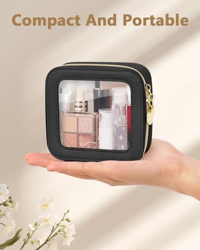 Soimeat Mini Clear Travel Cosmetic Bag - Waterproof Leather Toiletry Organizer, Black