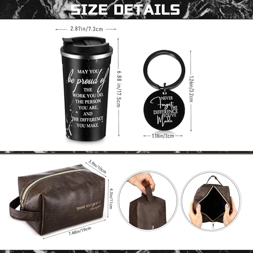 Thank You Gift Set for Men 17 oz Tumbler with Lid + Leather Toiletry Bag, Obsidian Style + Inspirational Keychain (Roshtia)