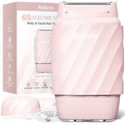 4-in-1 Electric Razor for Women, Bikini Trimmer & Facial Hair Remover, Rechargeable Cordless Dual-Head Shaver, IPX7 Waterproof, Painless & Hypoallergenic for Sensitive Areas, Pink