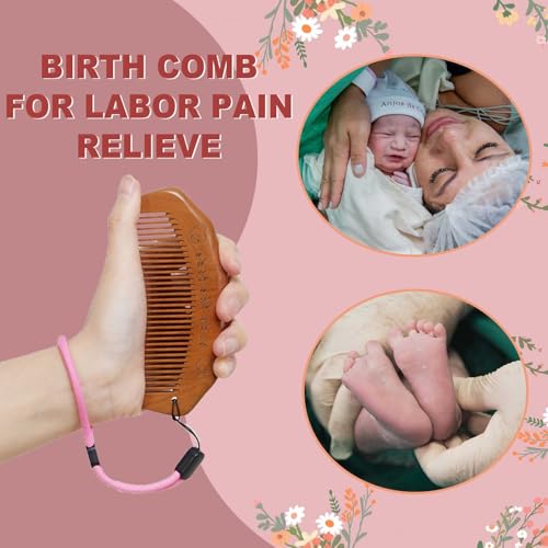 Medium Wooden Labor Comb with Adjustable Wrist Strap - Pain Relief & Hair Care (2 Pack)