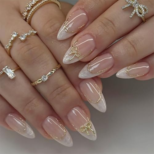 Sutaozhi French Tip Summer Nails Kit - 12 Medium Almond Fake Nails with 3D Bow & Gold Line Design, Glue-On False Nails for Women, 24Pcs