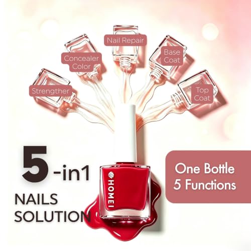 HOMEI 5-in-1 Nail Strengthener & Polish - Classic Red, 12-Free Formula