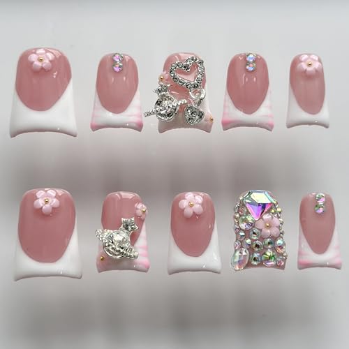 Luxury Medium Almond Press on Nails - French Tip with Flower & Rhinestones
