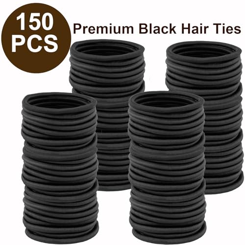 150 PCS Black Hair Ties - 4MM Thick Elastic Bands for Ponytails