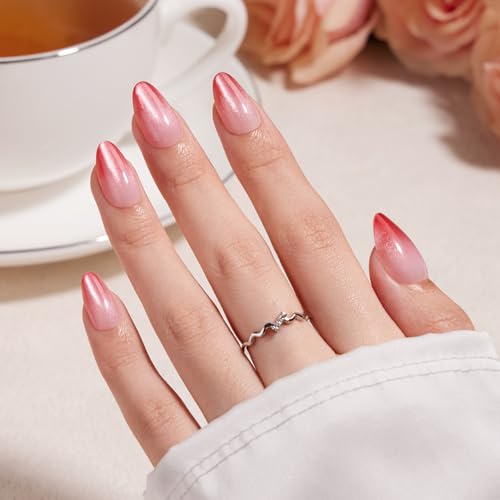 VSALON Short Almond Press On Nails Kit - Pink Cat Eye Ombre, 32 Pcs