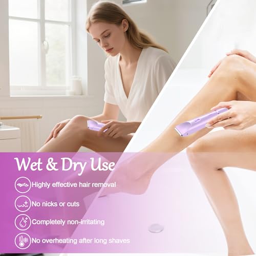 Bikini Trimmer for Women, 2-in-1 Painless Bikini Shaver with Ceramic Blade, Dual-Head Electric Shaver, Ipx7 Waterproof for Shower & Travel, Womens Electric Razor for Armpit Leg Body Facial, Purple