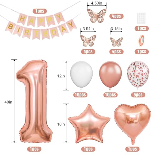 Rose Gold 1st Birthday Decoration Set with Foil Balloons & Banner
