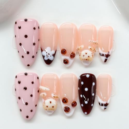 RIICFDD 3D Handcrafted Almond Press-On Nails with Floral Art, French Tips, Reusable