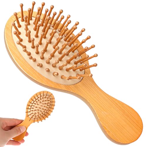 Mini Bamboo Hair Brush for Growth & Detangling - Natural Wooden Massager