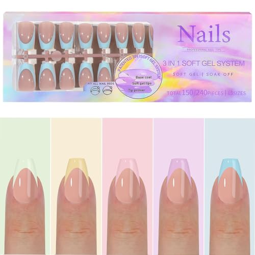 GUFUGU Style-5 150 Pcs Colorful French Tip Press On Nails Medium Coffin Full Cover Fake Nails Reusable for Women