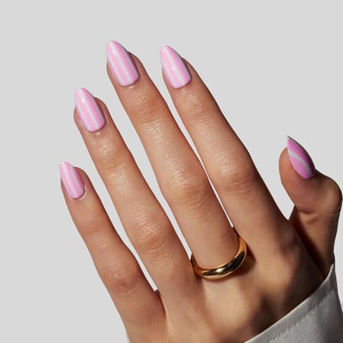 LAMIMOSA Candy Stripes Press On Nails Kit - 32 Pcs Short Almond Soft Gel