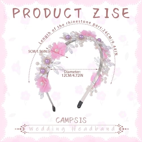 Campsis Pink Flower Headband with Pearls and Crystals for Girls & Women