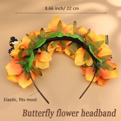 Mexican Rose Flower Crown Headband - Butterfly 1 Orange Elastic