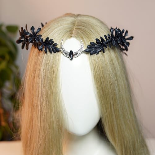 MOSTORY Handmade Black Moon Flower Crown - Gothic Elf Headpiece