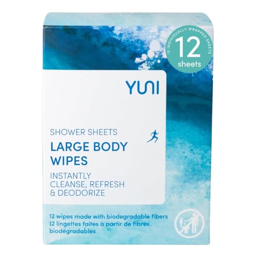 YUNI Beauty Large Body Wipes, Peppermint Citrus, 12 Count - Biodegradable Shower Alternative