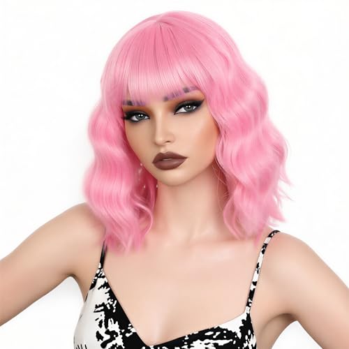 Pink Short Bob Wig with Bangs - 14 Inch Loose Wavy Synthetic Hair